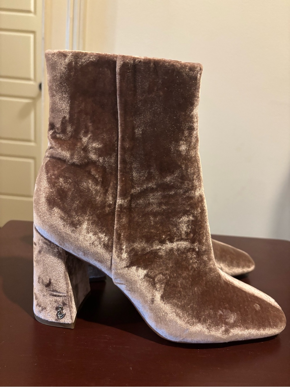 Sam Edelman Velvet Block Heel Ankle Boots - Taupe Brown